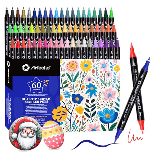 Artecho Acrylic Paint Markers 60 Colors, Acrylic Paint Pens with Brush Tip and Fine Tip for Stone, Rock Painting, Paper, Pumpkin, Wood, Egg, Canvas, Ceramic, Fabric, leather, Glass, DIY Crafts - color: 60 Colors