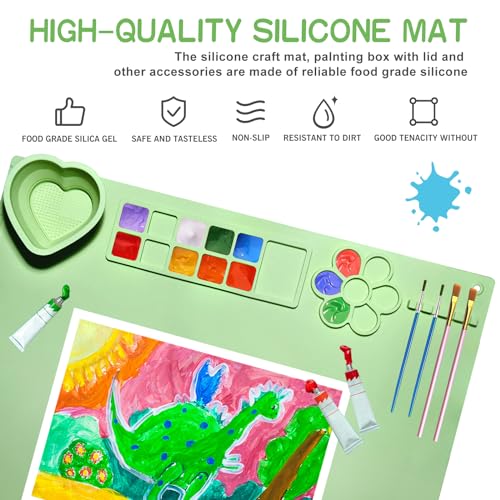 Silicone Painting Mat,20"X16"Large Silicone Art mat, Art Mat with Cup, Easy Clean up, Protects Surfaces Perfectly. for Paint, Color, Play with Clay/Play Dough.(Green) - color: Green