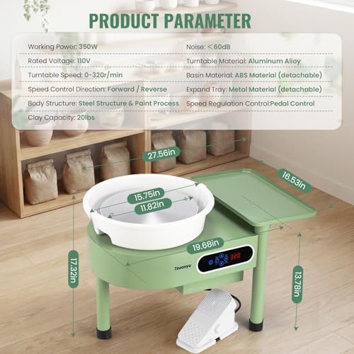 Huanyu Pottery Wheel Machine 12in with Bat System Detachable Extended Tray, Electric Pottery Forming Machine Foot Pedal & LCD Screen 350W Art Clay DIY Sculpting Tool Kit