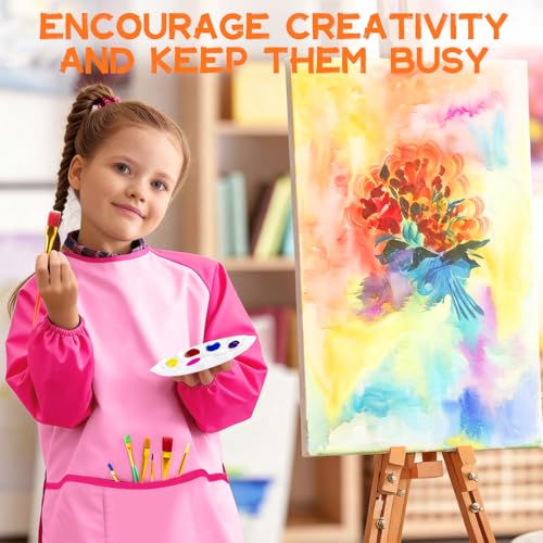 POPYOLA Acrylic Paint Set for Kids, Non Toxic Kids Painting Set with Tabletop Easel, Acrylic Paints, Smock, Canvases, Wooden Stencils, Brushes, Painting Kit Gift for Beginner Student Toddlers - color: Pink