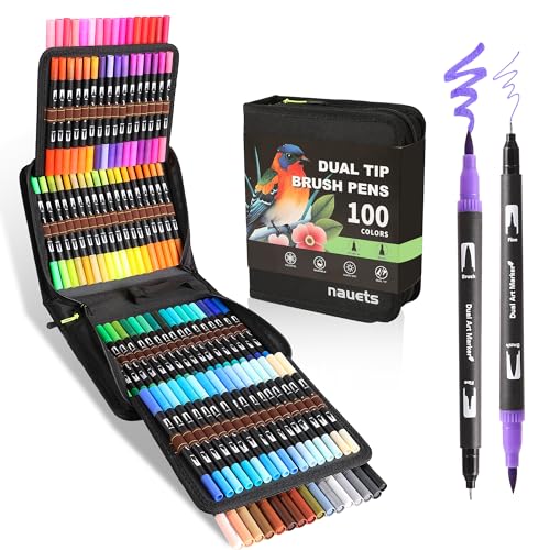 nauets 100 Colors Brush & Fine Dual Tip Watercolor Markers for Adult Coloring Books No Bleeding Professional Paint Pens For Drawing Note taking Planner Calligraphy Journaling Card Making Art Supplies - style: 100 Color Markers