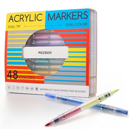 MEEDEN Acrylic Paint Markers Dual Tip: 48 Colors/24 Pcs Brush Tip Acrylic Marker with Automatic Ink Control for Art Supplies - Quick Dry Paint Pens for Rock, Wood, Glass, Easter Basket Stuffers - color: 48 Colors / 24 Pcs