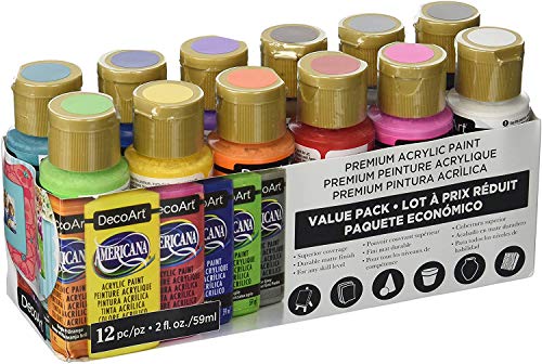 DecoArt Americana Acrylic Paint - 12 Ct Basic Assorted Acrylic Paints Value Pack - Medium Viscosity Water Based Multi Surface Paint Set for Arts and Crafts, Wall Art, Model Kit Paint + E-book