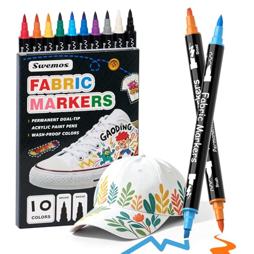 Swemos 10 Fabric Markers, Fabric Paint Permanent for Clothes, Brush and Chisel Tip Acrylic Paint Pens for Helmets, Skateboards, Hats, Canvas, Shoes, Bags, Craft, DIY - Fabric Decorating Kit