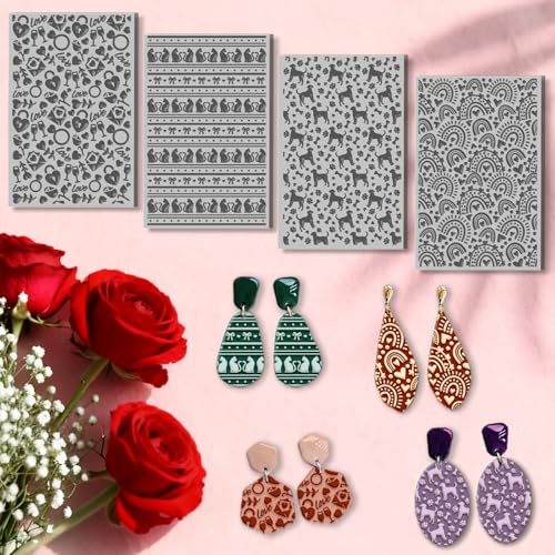 CHGCRAFT 4 Sheets Cat Clay Texture Mat Love Heart Pattern Polymer Clay Texture Sheets Valentine's Day DIY Tools for Pottery Earring Jewelry Making Stamp Engraving Machines, 3.9x2.6inch - style: Valentine's Day