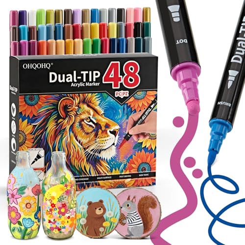 48 Colors Acrylic Paint Markers, Dual Tip with Fine Tip and Brush Tip, Acrylic Markers for Rock Painting, Canvas, Wood, Glass, Ceramic, Metal, DIY Crafts Art Supplies Kit - size: 48 Count (Pack of 1)