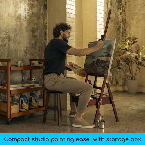 MEEDEN Studio H-Frame Easel with Art Supply Storage Drawer - Adjustable (60"~75") Wood Easel Stand for Artists, Adults and Students, Holds Canvas Art up to 35" - Deep Walnut - color: Deep Walnut