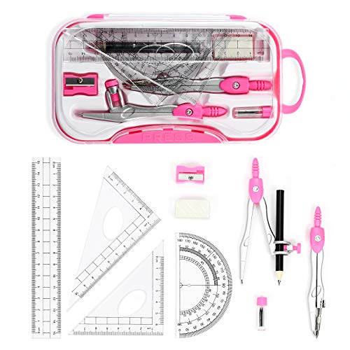 Unjoo Math Geometry Kit Sets 10 Piece Student Supplies with Shatterproof Storage Box,Includes Rulers,Protractor,Compass,Eraser,Pencil Sharpener,Lead Refills,Pencil,for Drafting and Drawings（Pink） - color: Red