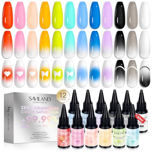 SAVILAND Airbrush Gel Nail Polish Hema-Free: Dilution-free 30ML Airbrush Polish Set, Cool & Warm Colors Non-Acetone Airbrush Stencils for Nails Airbrush for French Nail Art Manicure DIY Salon & Party - color: Cool & Warm Colors