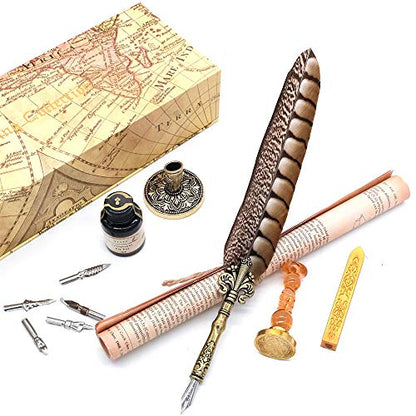 Antique Quill Pen Unique Half-Patterned Feather Pen Set with 6 Nibs 1 Bottle of Ink 1 Seal Stamp 1 Pen Holder 1 Sealing Wax LL-149