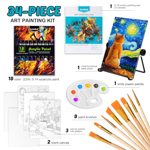 koseibal Acrylic Paint Set for Kids, Art Painting Supplies Kit with 18 Paints, 5 Canvas Panels, 8 Brushes, Table Easel, Etc, Premium Paint Set for Students, Artists and Beginner - color: 18 acrylic paints