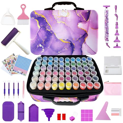 Muzagroo Art Diamond Painting Storage Containers Diamond Art Storage Case with Accessories and Tools Portable Shockproof 120 Slots Organizer Case for Diamond Painting Kits L (Purple-Deluxe Set) - color: Purple-Deluxe Set, size: 120 Jars