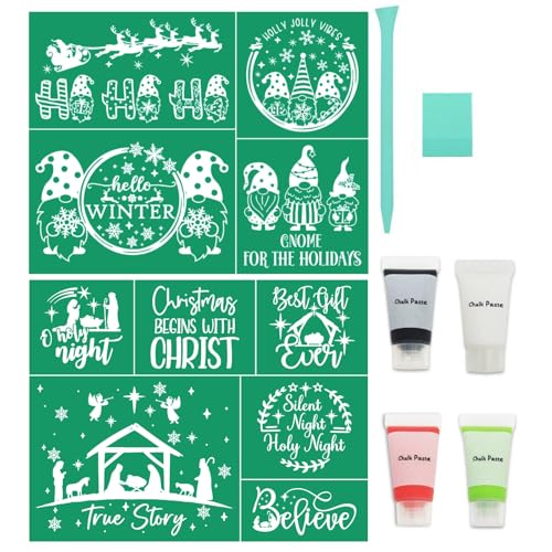8PCS Holy Christmas Silk Screen Stencils,Mini Christmas Chalk Paste for Transfers Stencil Winter Self Adhesive Stencils Reusable for Painting on Wood,Fabric,Home Decor,Chalk Paste Mini Squeegees Set - color: 8 PCS HOHOHO paste kit