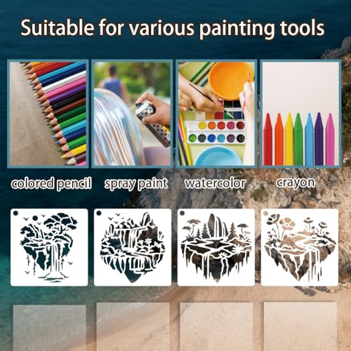 12 Sheets Small Island Stencils for Painting, 12 Styles Palm Tree Flowing Water Flower Wall Stencil Template Reusable Art Templates for Painting on Wall Wood Home Decor - style: Island