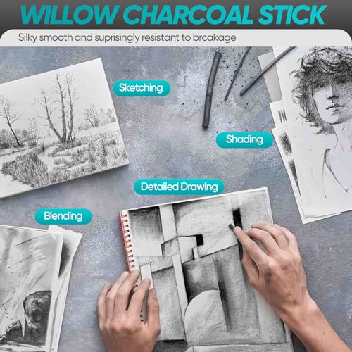 50 Pcs Willow Charcoal Sticks, Willow Charcoal,Mixed Sizes: 4-5mm, 5-7mm,Professional Soft Black Drawing Charcoal for Sketching & Art
