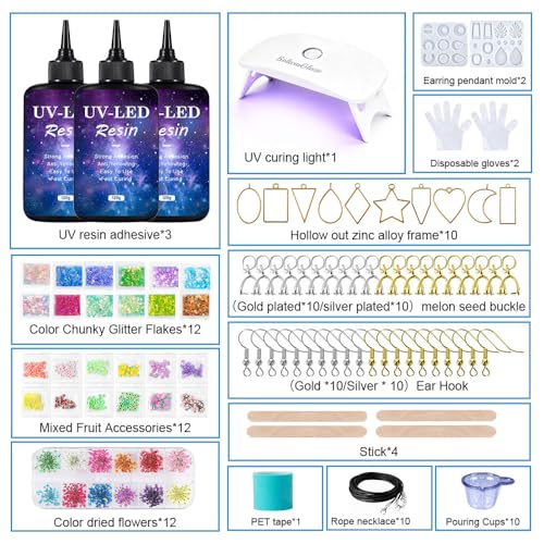 SolaraGlaze UV Resin Jewelry Making Kit with UV Lamp and Casting Tools 360g Crystal Clear&Low Odor DIY Jewelry Making Resin Kits, Resin Starter Kit for Keychain, Hair Clip and Earring