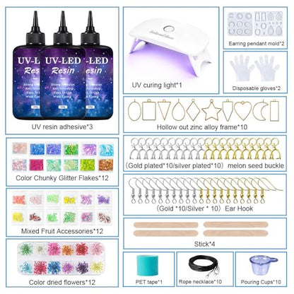 SolaraGlaze UV Resin Jewelry Making Kit with UV Lamp and Casting Tools 360g Crystal Clear&Low Odor DIY Jewelry Making Resin Kits, Resin Starter Kit for Keychain, Hair Clip and Earring