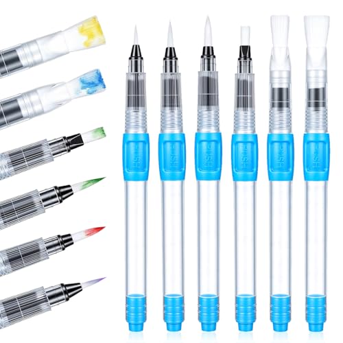 6 PCS Water Brushes, Refillable Watercolor Brush Pen, Leak-Proof Water Pens for Crafting with Pointed and Flat Tips, for Artists, Beginners, Adults