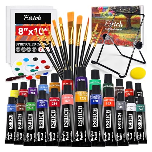 ESRICH 40PCS Acrylic Paint Set, Art Painting Supplies Kit with 24 Paints, 2 Canvas Panels,10 Brushes, Table Metal Easel Etc, Premium Paint Set for Students, Artists and Beginner - color: 24Color, size: 40pack