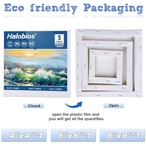 Halobios 3 Packs Stretched Canvases for Painting with 4x4 Inch, 6x6 Inch, 8x8 Inch, Square Blacnk Canvases for Acrylics,Oils & Other Painting Media, 5/8 Inch Profile 100% Cotton Artist Framed Canvas - size: 3 Pack Mixed - 8×8IN 6×6IN 4×4IN