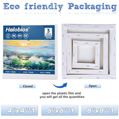 Halobios 3 Packs Stretched Canvases for Painting with 4x4 Inch, 6x6 Inch, 8x8 Inch, Square Blacnk Canvases for Acrylics,Oils & Other Painting Media, 5/8 Inch Profile 100% Cotton Artist Framed Canvas - size: 3 Pack Mixed - 8×8IN 6×6IN 4×4IN