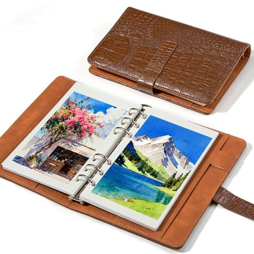 Lightwish Watercolor Sketchbook 100% Cotton, 300gsm (140lb) - 6.69" x 3.94" Hot Press Watercolor Paper Journal Notebook - 20 Sheets with PU Leather Cover for Drawing Mixed Media - color: Brown Faux Crocodile Texture