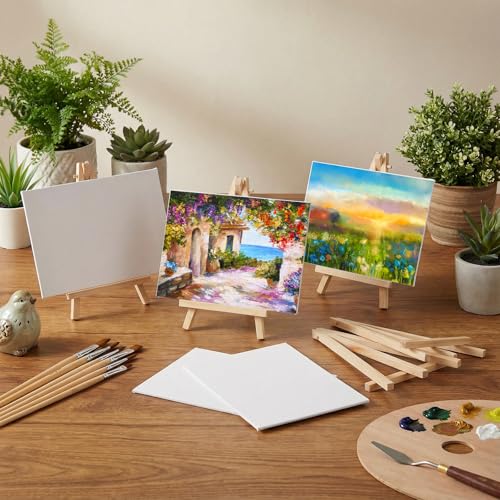 MotiMind 80 Pcs Mini Canvas and Easel Set for Painting Canvas Panels with Wooden Easels for Oil Acrylic Painting Mother's Day Birthday Party Favors(5 x 7 Inch) - size: 5 x 7 Inch