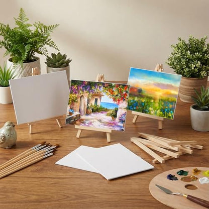 MotiMind 80 Pcs Mini Canvas and Easel Set for Painting Canvas Panels with Wooden Easels for Oil Acrylic Painting Mother's Day Birthday Party Favors(5 x 7 Inch) - size: 5 x 7 Inch