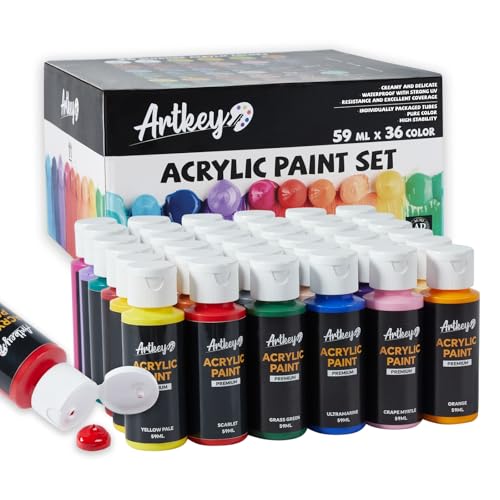 Artkey Acrylic Paint Set - 36 Colors 2 oz/59 ml Acrylic Paints Professional Artists Painting Kit for Canvases Fabric Rock Leather Easter Egg Wood Ceramic Glass Art Craft Painting - color: 36 Colors, style: Basics