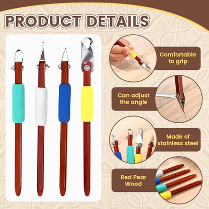 Lanties 4 Pcs Pottery Carving Tool Set Sculpture Scraper Craft Modelling Tools Red Pear Wood Texture Handle with Stainless Steel Blade for Clay Carving, Ceramic Sculpting, Graffito (Classic Color) - color: Classic Color