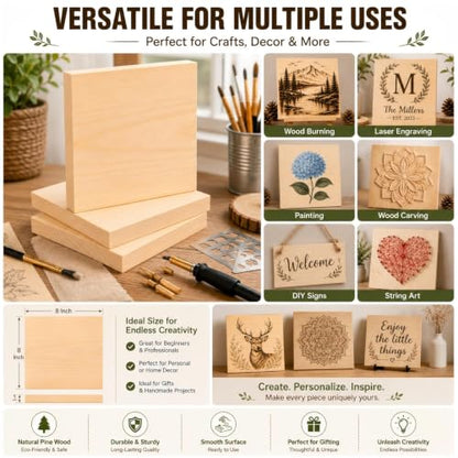4 PCS Solid Pine Wood Blocks, 8 x 8 x 1 Inch One-Piece Unfinished Wood Panels for Wood Burning, Laser Engraving, Painting, DIY Signs, Home Decor and Craft Projects - size: 8x8x1 Inch