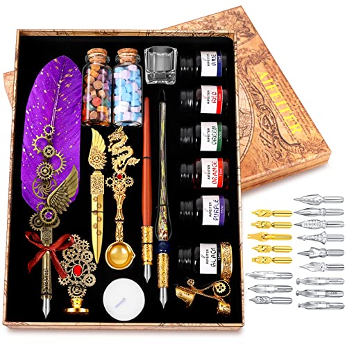 Aifeiter Feather Pen Ink Set, Wax Seal Stamp, Feather Calligraphy Pen, Birthday & (Purple) - color: Purple