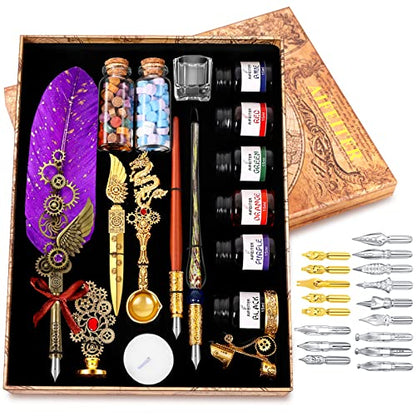 Aifeiter Feather Pen Ink Set, Wax Seal Stamp, Feather Calligraphy Pen, Birthday & (Purple) - color: Purple