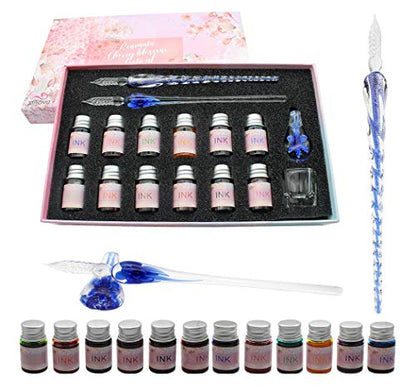 XIAOYU Glass Dip Pen Ink Set, 16 Pieces Calligraphy Pens Set - 12 Colorful Inks, Pen Holder, Cleaning Cup, 2 Crystal Glass Pens for Writing, Signature - Dark Blue - color: Dark Blue