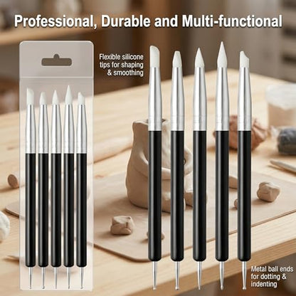 Tool Set, 5Pcs Double-Ended Clay Sculpting Tools with 5mm Black Handle Silicone Tips and Dotting Ends, Ceramic Pottery Carving Tools and Supplies for DIY Sculpture and Air Dry Clay