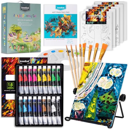 koseibal Acrylic Paint Set for Kids, Art Painting Supplies Kit with 18 Paints, 5 Canvas Panels, 8 Brushes, Table Easel, Etc, Premium Paint Set for Students, Artists and Beginner - color: 18 acrylic paints