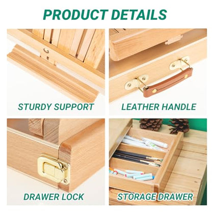 Falling in Art Studio Sketchbox Tabletop Easel, Adjustable Beechwood Easel for Painting, Portable Desktop Easel with Storage Drawer, Suitable for Beginners and Artists- Holds canvases up to 31" high