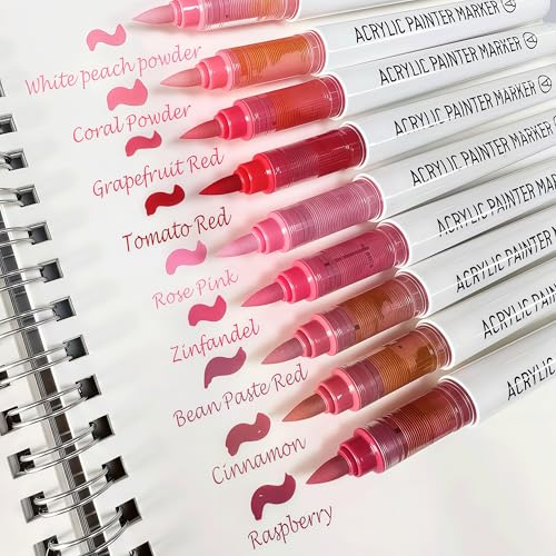 Brush Tip Acrylic Markers, 9 Colors Water Based Acrylic Paint Pens for Rock Painting, Journaling, Wood, Glass, Adult Coloring Books, Art & Journaling Supplies (Lipstick Red Series) - style: Lipstick Red Series