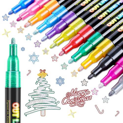 FUMILE 12 Colors Double Line Outline Markers,Glitter Markers for Kid Teens,Self Outline Metallic Markers for Art Supplies,Metallic Glitter Pen Set for Teen Girl. - style: 12 Colors Outline Markers