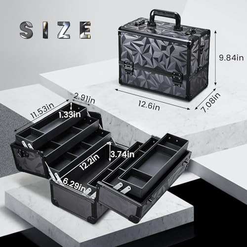 FRENESSA Makeup Case Extra Large Makeup Train Case 12.6 Inch Makeup Box Organizer Profressional Make Up Cases Storage Cosmetic Artist Travel Case with Divider Shoulder Strap Hard Vanity Dark Black - color: Dark Black