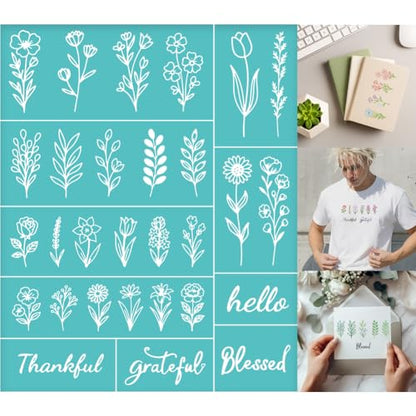 2 Sheets Silk Screen Stencil, Single Plant Flower with Common Text Reusable Mesh Stencil Self-Adhesive Silk Screen Printing for Wall Border Wood Fabric Home Craft Decor - style: Single Plant Flower