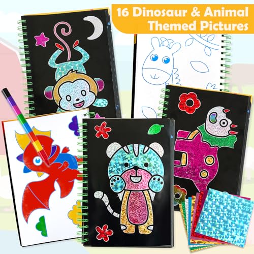 FUNNYB&G Foil Art Craft Kit for Kids 4-10 Years Old: Mess-Free & No-Glue, Create 16 Sparkly Dinosaur& Animal Pictures – Perfect Travel Toy & Birthday Gift for Kids (Dinosaur Animal) - style: Dinosaur