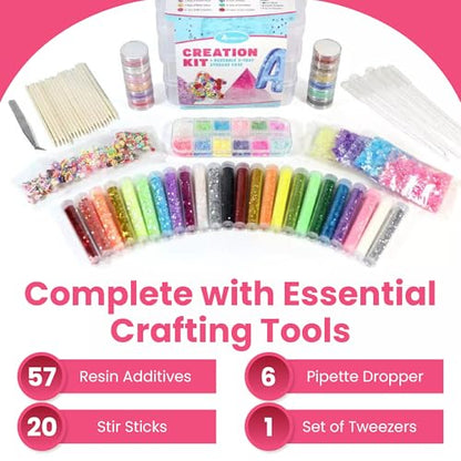 Alumilite Creation Kit – 84-Piece Resin Craft Kit for Beginners with Mica Powder, Glitter, Mylar Flakes, Charm Slices, and Tools for Epoxy and UV Resin DIY Crafts, Tumblers, Jewelry, & Keychains