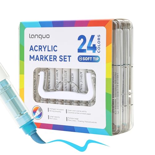 24 Colors Acrylic Paint Markers, Brush Tip Acrylic Paint Pens with Organizing Case, Multi Surface Brush Markers Set for Fabric, Glass, Wood, DIY Crafts - color: 24 Color