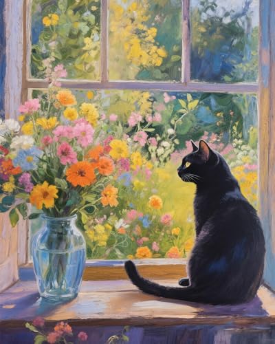 Black Cat Paint by Numbers Kit for Adults Beginner,Cat on Windowsill Paint by Number Kits for Adult,Unframed Window Scenery Digital Oil Painting Art Crafts Kit for Home Decor Gifts 16X20 Inch. - color: MT22827