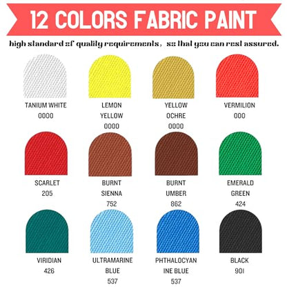 Fabric Acrylic Paint Set, 12 Vivid Colors with 6 Brushes & Palette, Fast-Drying Textile Paint Kit for Custom Sneakers, DIY Clothing, Canvas Bags, Art Supplies for Teens & Adults