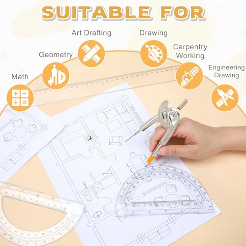 Mototo 2-PCS Geometry Tool Set, Math Compass for Geometry and 6 Inch Protractor Set Include Metal Compass with Pencil and Clear Plastic Protractor for Student Classroom Office Woodworking Art Drawing - style: 2 Pack