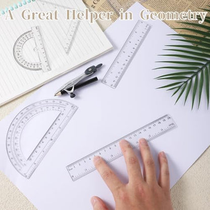 1 Set Plastic Geometry Math Set, Measuring Tool Includes Clear Ruler 12 Inch 6 Inch 6 and 3.8 Inches Protractor 45/60 Degree Triangle Rulers Compass for Office Drawing Drafting Engineering