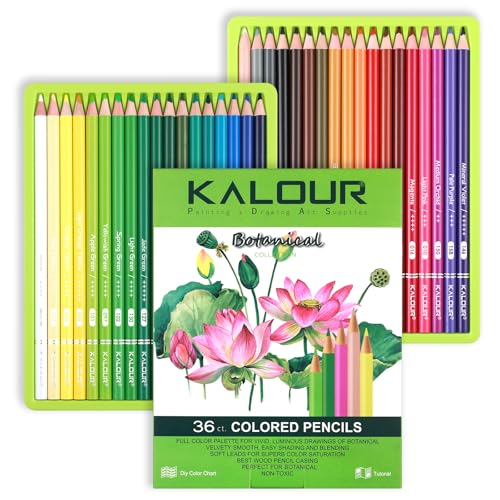 KALOUR PDAS 36-piece Green Botanical Colored Pencil Set, Pre-sharpened Wooden Colored Pencils for Adults Artists Beginners Coloring Books Drawing & Sketching - style: Botanical