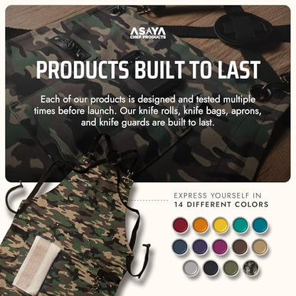 Asaya Chef and BBQ Apron with Bottle Opener and Hand Towel - 10oz Cotton Canvas, Stainless Steel Hardware - Cross Back Straps - color: Green Camo